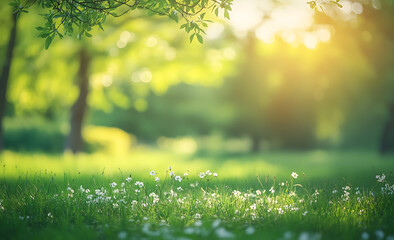 Poster - Beautiful spring background with blurred meadow grass and trees, a sunny day with copy space.

