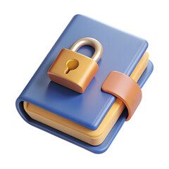 Poster - Photo of a blue 3d book with a golden lock is isolated on transparent background, symbolizing security and privacy