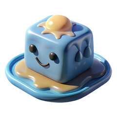 Poster - Photo of a cute blue 3d cubeshaped cake with a yellow sunnysideup egg on top is isolated on transparent background, representing happiness and joy