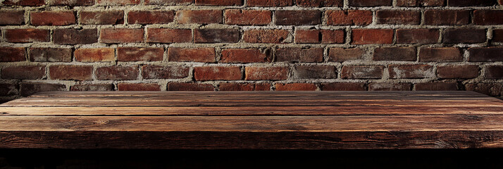 Poster - Rustic wooden table against a brick wall backdrop Generative AI