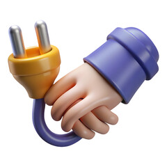 Poster - Photo of a 3d render of a handshake holding an electric plug, isolated on transparent background