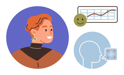 Poster - Profile of a person paired with a happy face, analytics graph, and voice recognition icon. Ideal for AI, emotion analytics, user feedback, speech tech, innovation, human-computer interaction