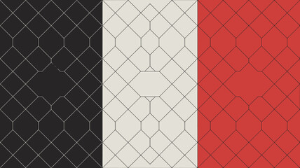 Poster - A vertical tricolor pattern of black, white, and red with a geometric overlay of diamond shapes