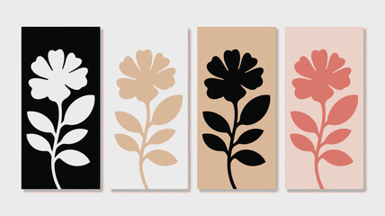 Poster - Four floral art panels with varied color schemes displaying minimalist flower and leaf designs neatly arranged