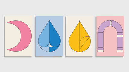 Poster - Four abstract geometric shapes on posters with pink moon, blue teardrop, yellow teardrop, purple arch