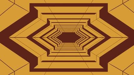 Poster - A perspective view of a geometric tunnel with brown and yellow colors creating a sense of depth and dimension