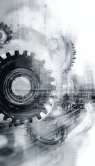 Poster - Abstract monochrome design featuring interlocking industrial gears in a modern style