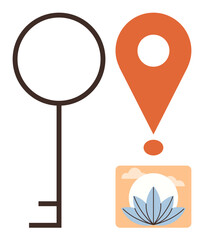 Poster - Key adjacent to geo pin pointing scenic lotus artwork. Ideal for navigation, security, mindfulness, location, identity, travel, real estate concepts. Simple flat metaphor