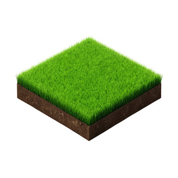 Isometric square of green grass and soil isolated on transparent background