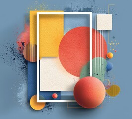 Poster - Colorful geometric shapes and a blank white card on a blue background
