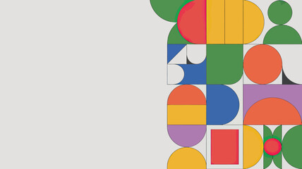 Poster - Geometric arrangement of colorful shapes including circles squares and triangles on a light background