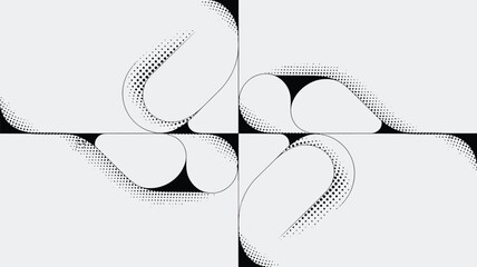 Poster - Abstract monochrome pattern featuring curved shapes and halftone dots arranged symmetrically in quadrants