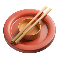 Poster - Photo of a closeup shot of a pair of light brown chopsticks resting on a vibrant coralcolored plate, next to a small, matching bowl, isolated on transparent background