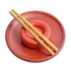 Poster - Photo of a highangle, closeup view of two light brown chopsticks placed on a round, reddishorange plate with a smaller bowl, isolated on transparent background