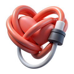Poster - Photo of a threedimensional heart shape formed by intertwined coralcolored tubes, secured by a gray connector and a white cable, isolated on transparent background