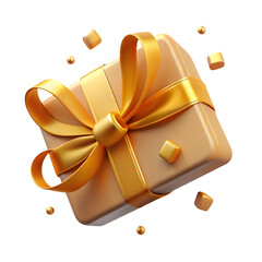 Poster - Photo of a squareshaped gift box tied with a golden ribbon, decorated with small golden cubes and spheres floating around it, isolated on transparent background