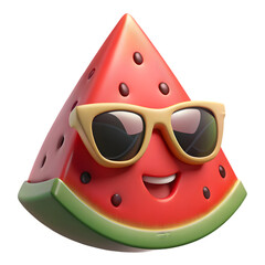 Poster - Photo of a cheerful cartoon watermelon slice wearing stylish sunglasses smiles brightly, isolated on transparent background