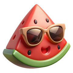 Poster - Photo of a happy cartoon watermelon slice wearing stylish sunglasses smiles, isolated on transparent background