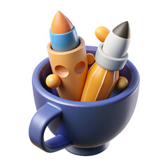 Poster - Photo of two colorful rockets sit inside a blue coffee cup, a vibrant 3d illustration isolated on transparent background