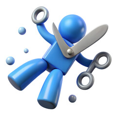 Poster - Photo of a joyful blue 3d character holds scissors triumphantly, a cheerful illustration isolated on transparent background