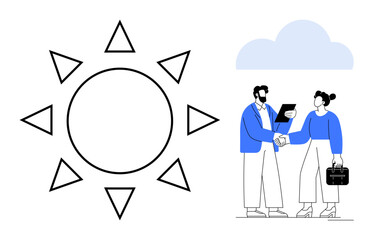 Poster - Two professionals greet with a handshake, exchanging documents, under a cloud. Beside them, a minimal sun design symbolizes energy, opportunity, growth. Ideal for teamwork, collaboration success