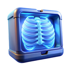 Poster - Photo of a 3d rendering of a glowing blue ribcage xray within a sleek, dark blue case, isolated on transparent background