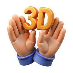 Poster - Photo of two cartoon hands gently holding the golden 3d text, isolated on transparent background, perfect for showcasing 3d technology or design