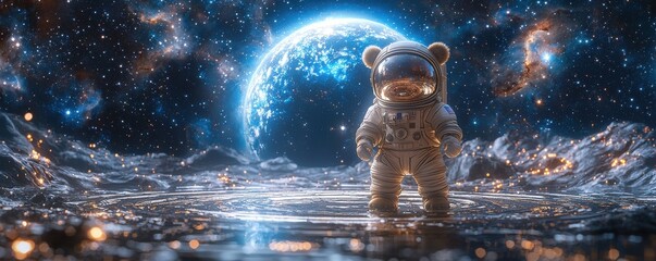 Wall Mural - astronaut bear standing on reflective surface with stars and planets