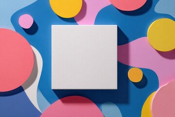 Poster - Minimalist white square on vibrant abstract pastel geometric shapes background