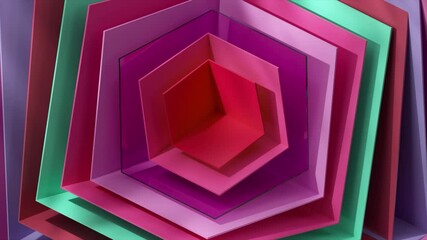 Poster - Geometric abstract background with hexagons forming a tunnel with rotating animation in shades of pink, purple, and turquoise, creating a visually appealing and dynamic backdrop