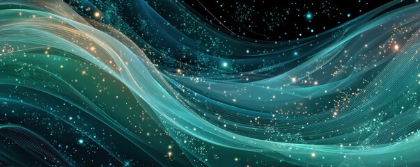 Poster - Abstract glowing wave in green and blue with sparkling particles