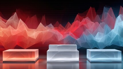 Poster - Three illuminated podiums against vibrant data visualization background in red and blue tones