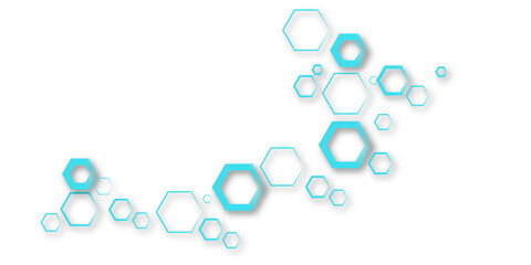 Wall Mural - An abstract, minimalist design featuring scattered hexagonal shapes in light blue and white, some solid and some outlines, casting subtle shadows on a pure white background,
