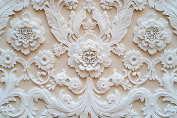 Poster - Beige and white damask pattern, elegant floral design on a beige background. Vintage wallpaper or textile print with an intricate lace texture. 