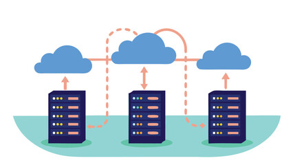 Poster - Cloud computing network showing servers connected to clouds with arrows and dotted lines diagram illustration