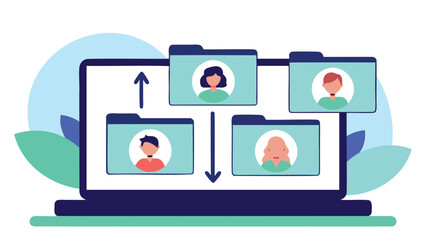 Poster - Laptop screen displaying folders with people icons and arrows indicating data transfer flow in blue tones