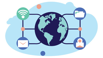 Poster - Illustration of a globe connected to wifi signal folder email and contact icons on light blue background