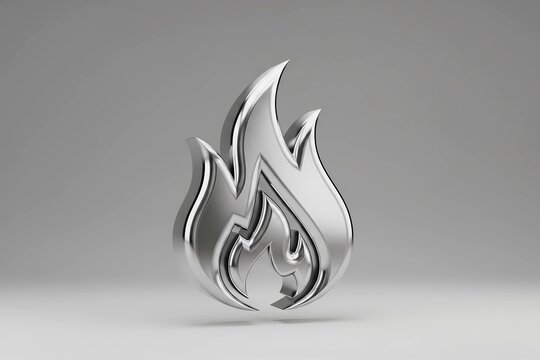 3D Render of Silver Metallic Flame Icon on Gray Background