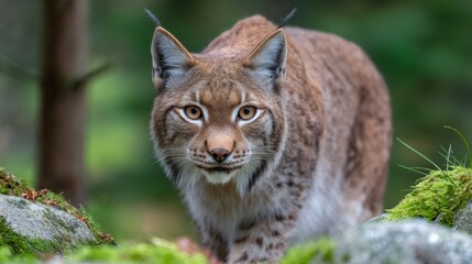 Wall Mural - eurasian lynx standing on mossy rocks in forest