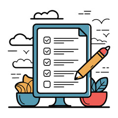Poster - Checklist on computer screen with pencil and plants