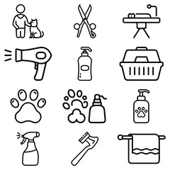 Fototapete - Illustration of pet grooming equipment and accessories in a line drawing style with various tools shown