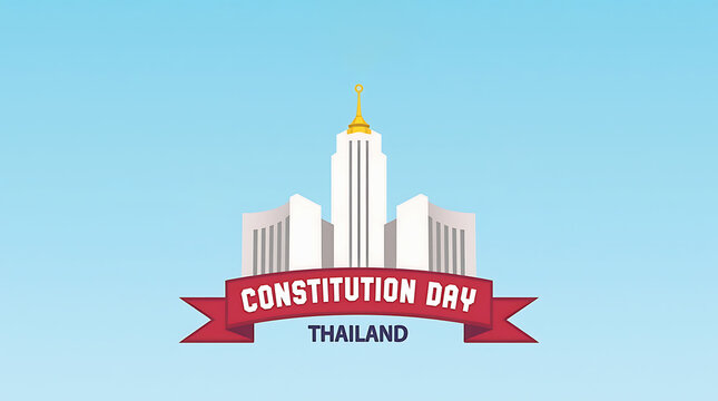 Thailand Constitution Day Banner with National Assembly Illustration and Red Ribbon Text