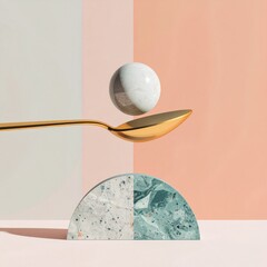 Poster - Balanced Gold Spoon and Speckled Sphere on Marble Semicircles