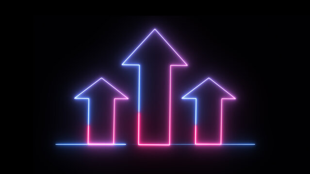 Neon arrow vector sign. Light arrow retro glow pink and blue casino neon effect.