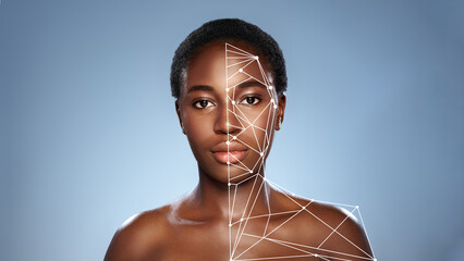Poster - Digital art depicting a woman with half of her face represented by geometric shapes and lines against a blue background