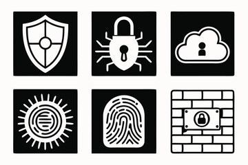Poster - Collection of cybersecurity and data protection icons including shield lock cloud fingerprint and firewall
