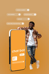 Poster - Engaging young man showcases chatbot technology highlighting AI capabilities in content creation and programming assistance