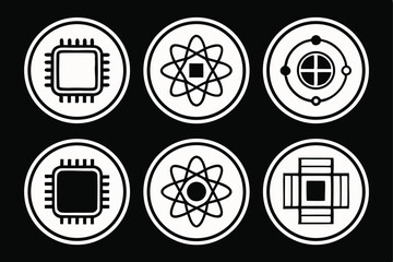 Poster - Set of six circular icons representing technology and science symbols on a black background