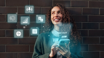 Poster - Young woman interacting with a smartphone while engaging with chatbot features against a dark brick background