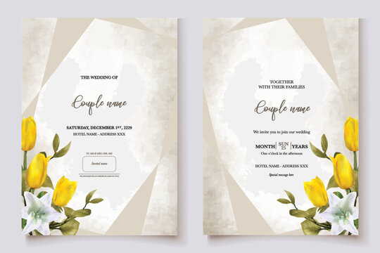 WEDDING INVITATION FRAME WITH FLOWER DECORATIONS AND FRESH LEAVES
